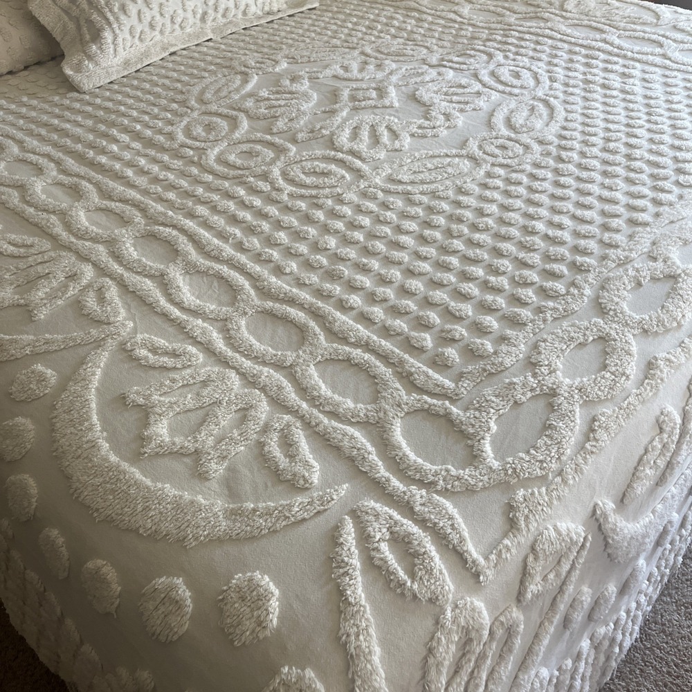 Vintage Chenille 100% Cotton King Sz Cream Fringed Bedspread/Pillow Shams - Picture 3 of 10